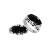 Sterling silver handcrafted Black Onyx oval statement ring with Balinese floral design